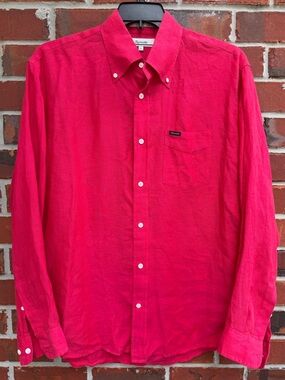 Faconnable Men's L 100% Linen Button-Down Long Sleeve Vibrant Pink/Red Shirt F6